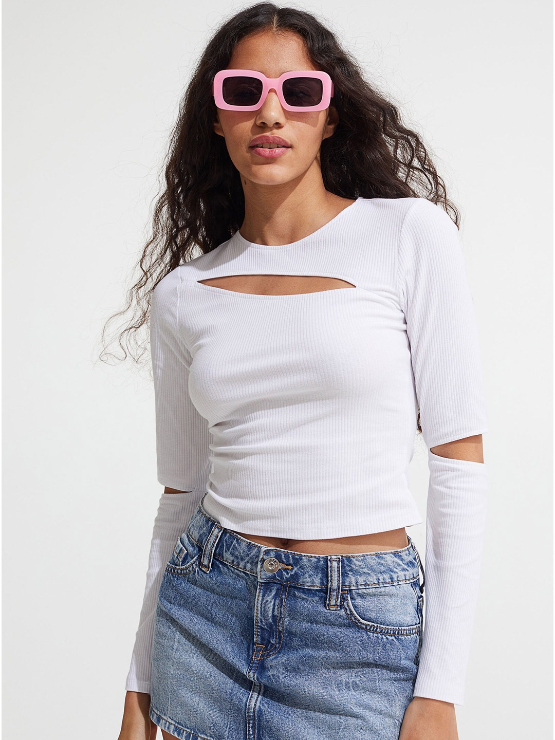 

H&M Women White Ribbed Cut-Out Top