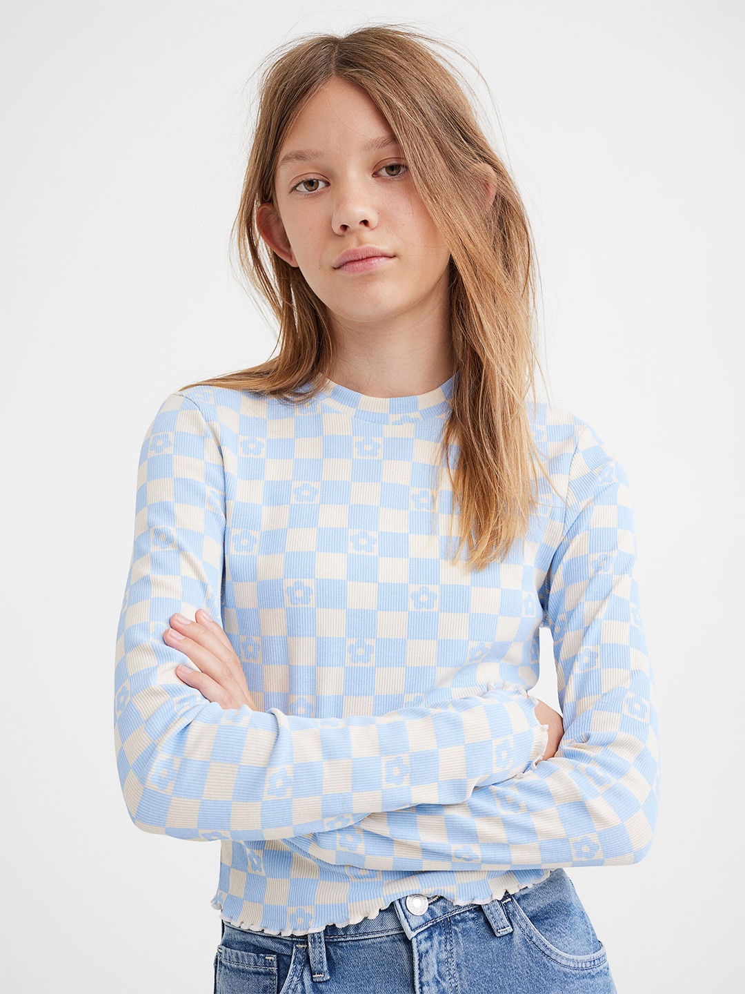 

H&M Girls Ribbed cotton jersey cropped top, Blue