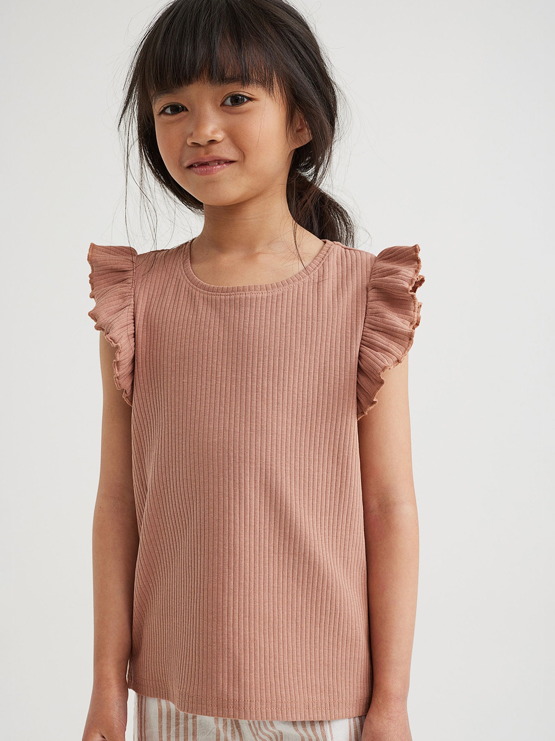 

H&M Girls Beige Flounce-Trim Ribbed Vest Top
