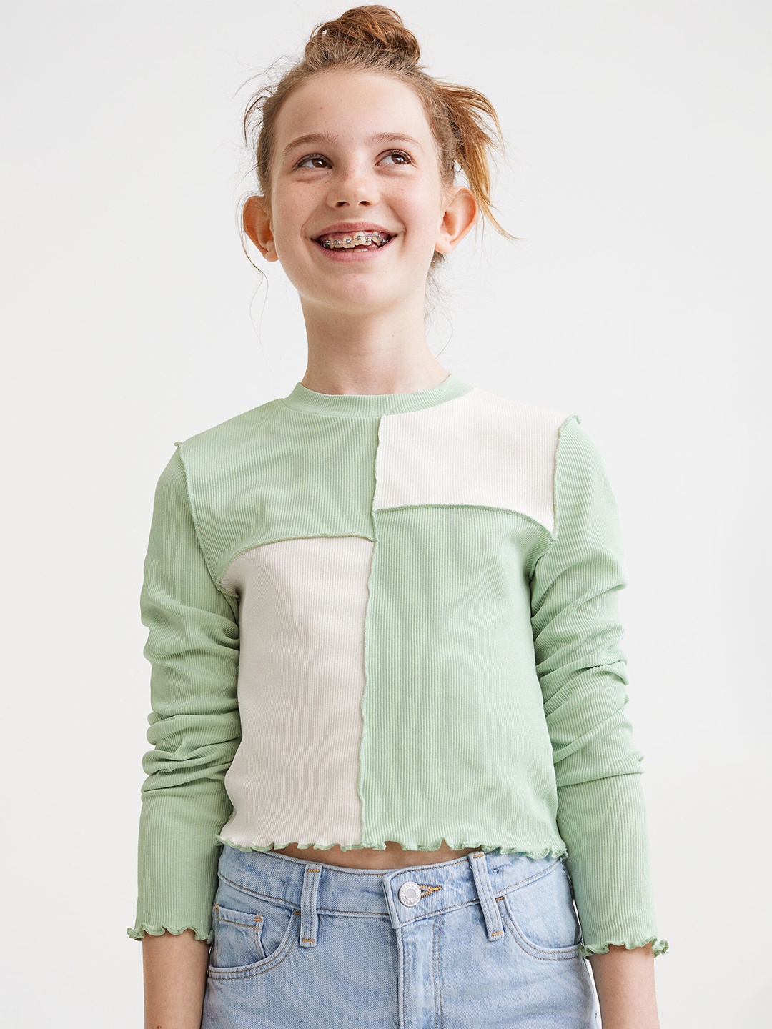 

H&M Girls Green & White Ribbed Cotton Jersey Cropped Top