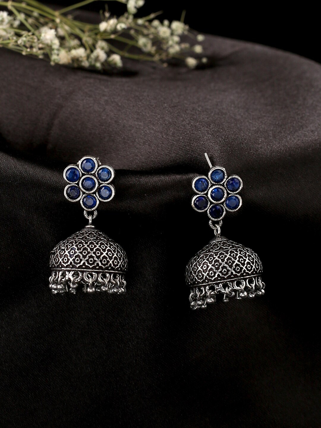 

kashwini Silver-Toned & Blue Contemporary Jhumkas Earrings