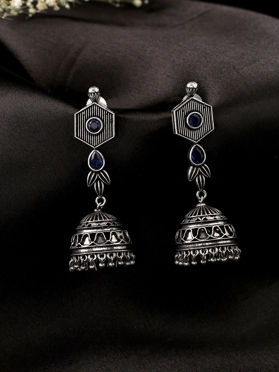 

kashwini Silver-Toned & Blue Dome Shaped Drop Earrings