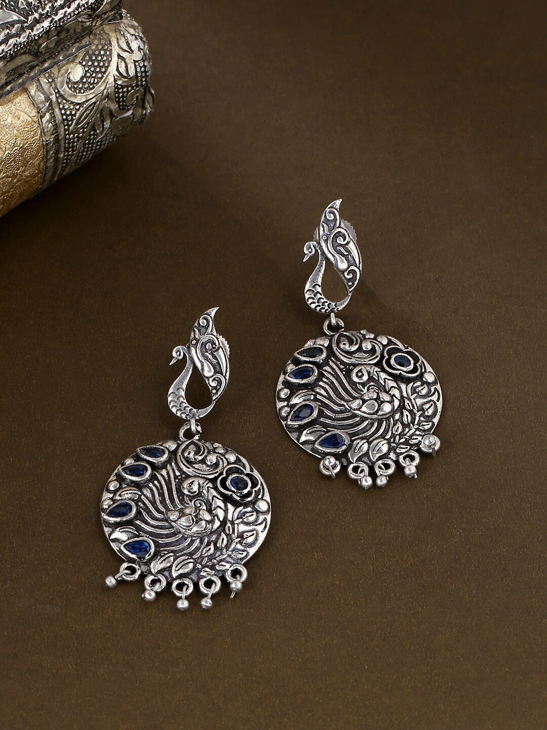 

kashwini Silver-Toned & Blue Peacock Shaped Silver-Plated Drop Earrings