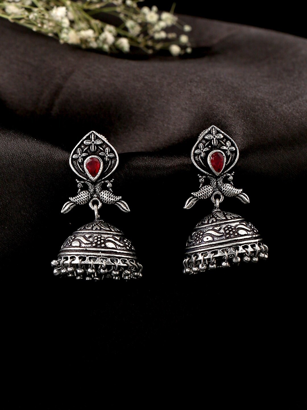 

kashwini Silver-Plated & Red Contemporary Jhumkas Earrings