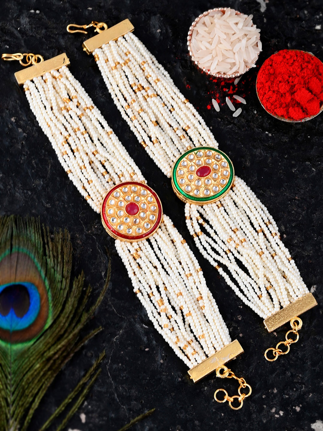 

Silvermerc Designs Set Of 2 Gold-Plated Stone Studded & Beaded Rakhi