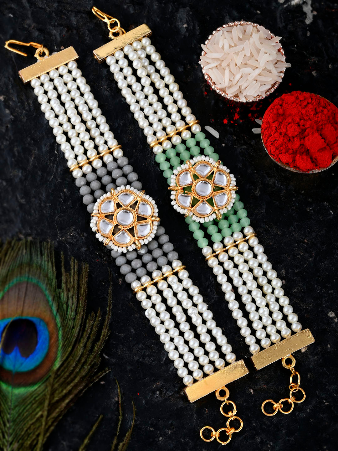

Silvermerc Designs Women Set Of 2 Gold-Plated Stone-Studded & Pearl Beaded Bracelet Rakhi