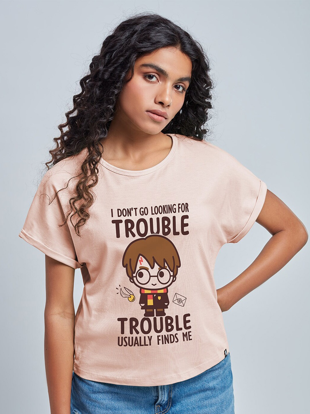 

The Souled Store Women Nude-Coloured Typography Printed Raw Edge T-shirt