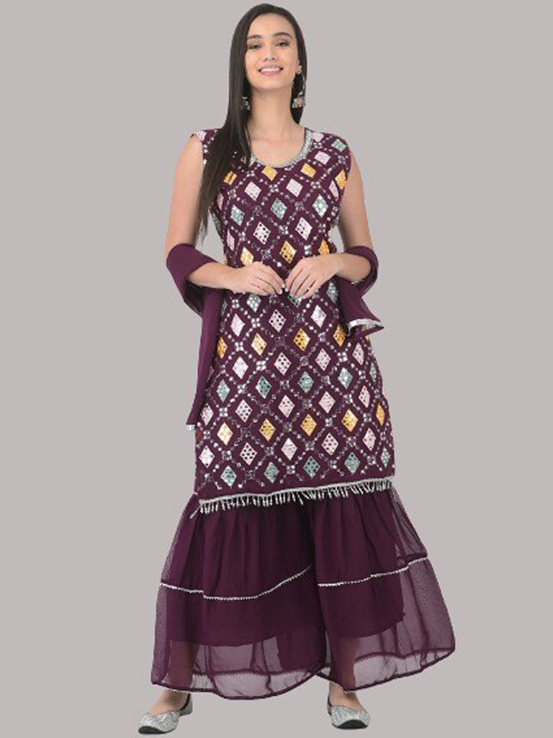 

FNOCKS Women Burgundy Embroidered Panelled Mirror Work Kurti with Sharara & With Dupatta