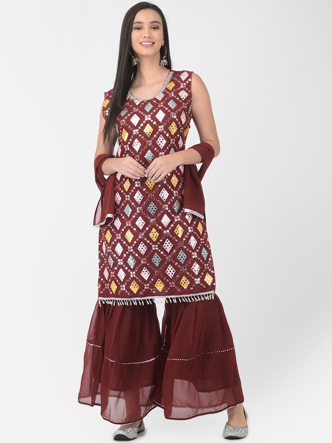 

FNOCKS Women Maroon Ethnic Motifs Embroidered Mirror Work Kurti with Sharara & Dupatta