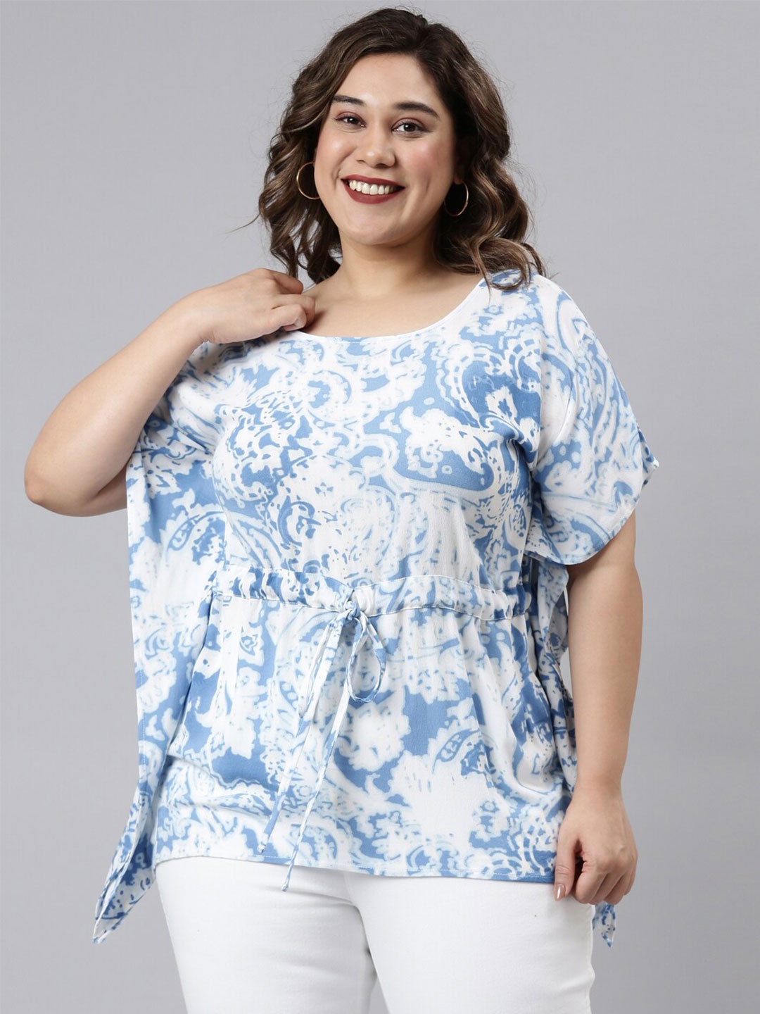 

The Pink Moon White & Blue Print Extended Sleeves Top