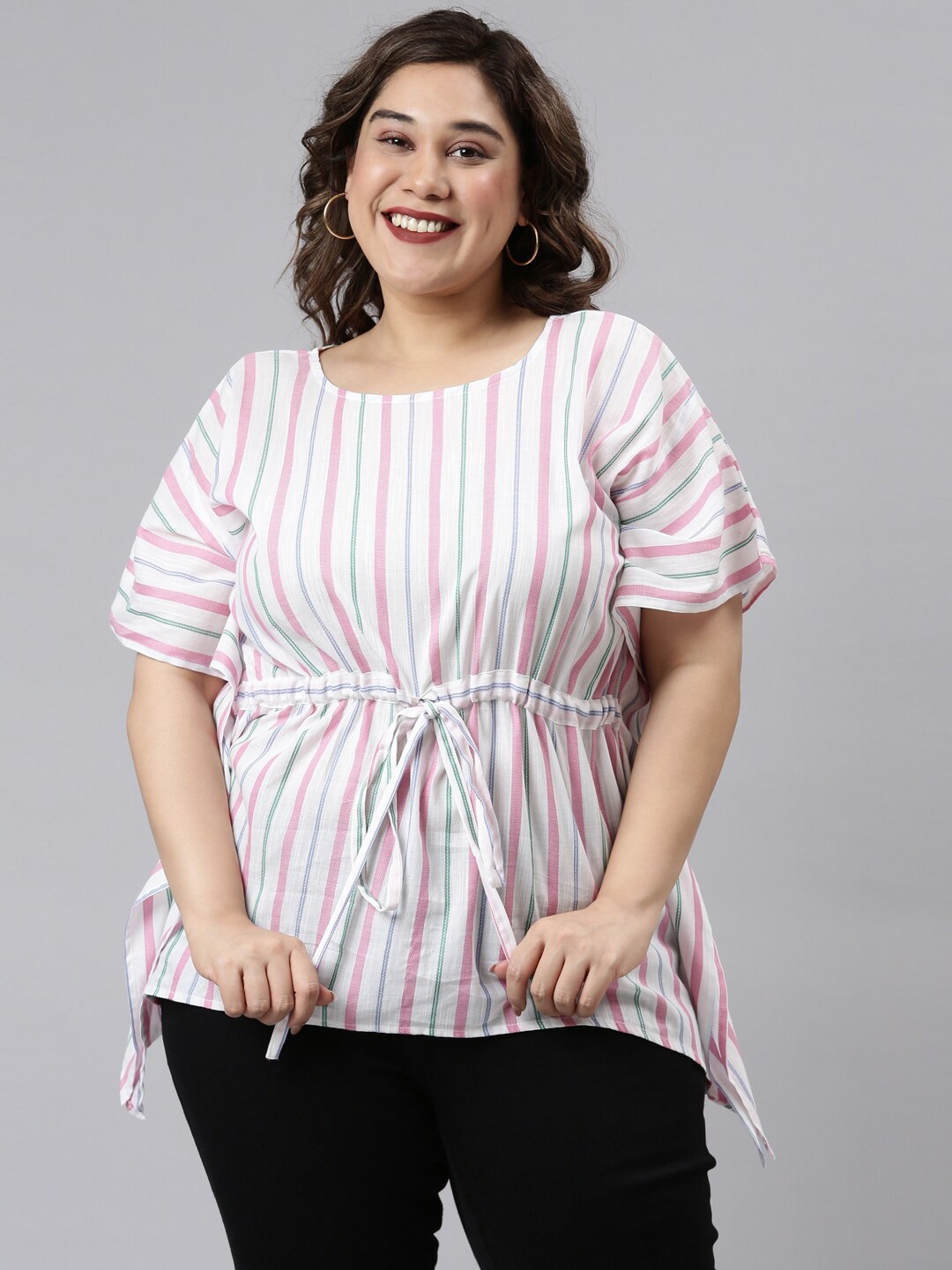 

The Pink Moon White & Pink Striped Cinched Waist Cotton Top