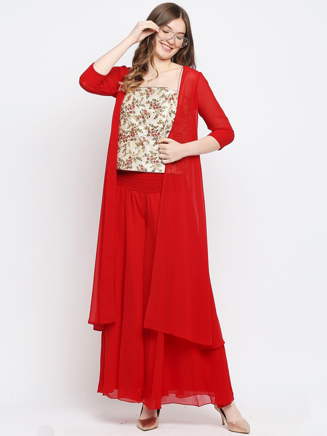 

Ira Soleil Women Cream-Coloured & Red Embellished Top with Palazzos
