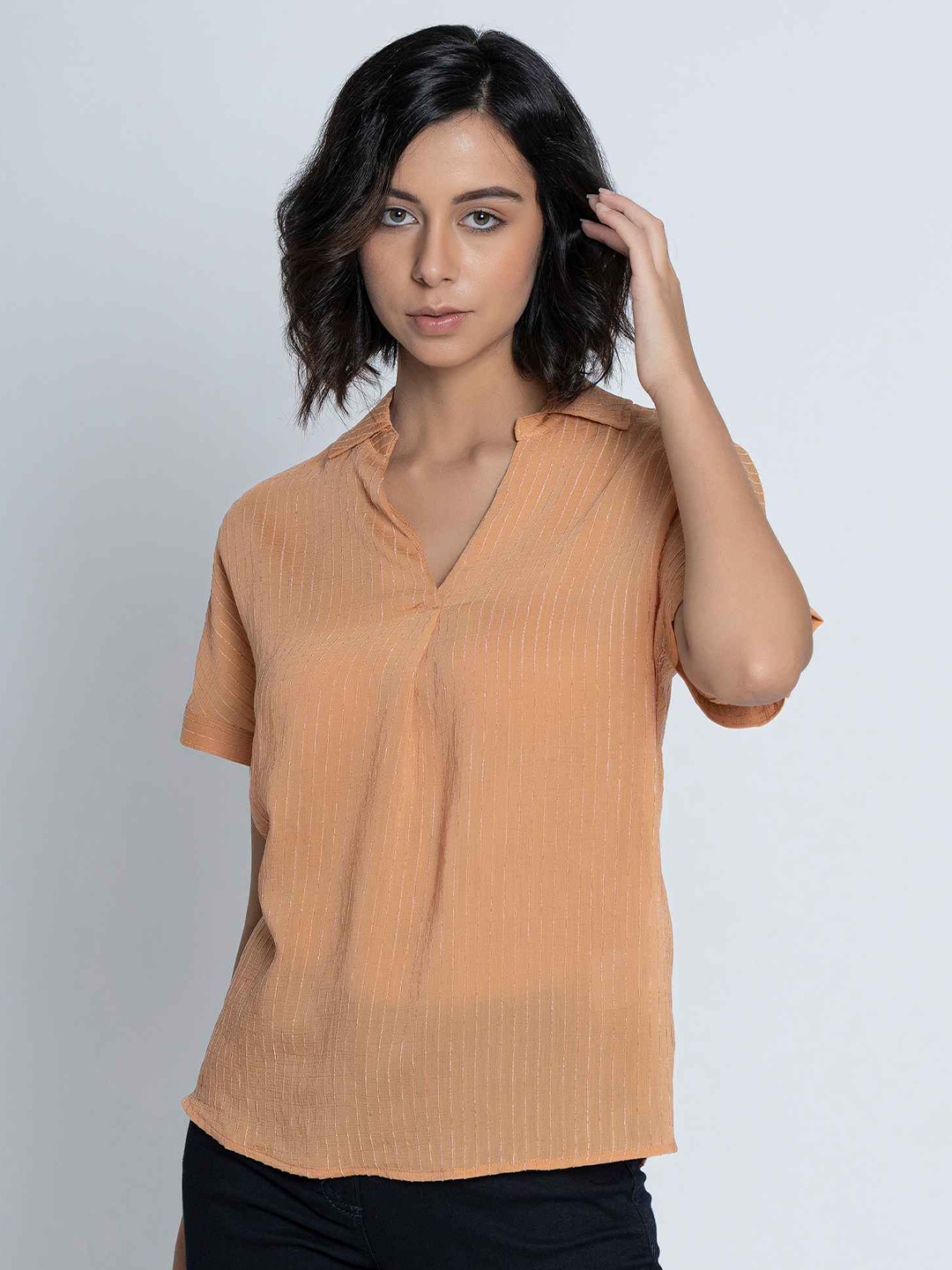 

B.Copenhagen Peach-Coloured Striped Georgette High-Low Top
