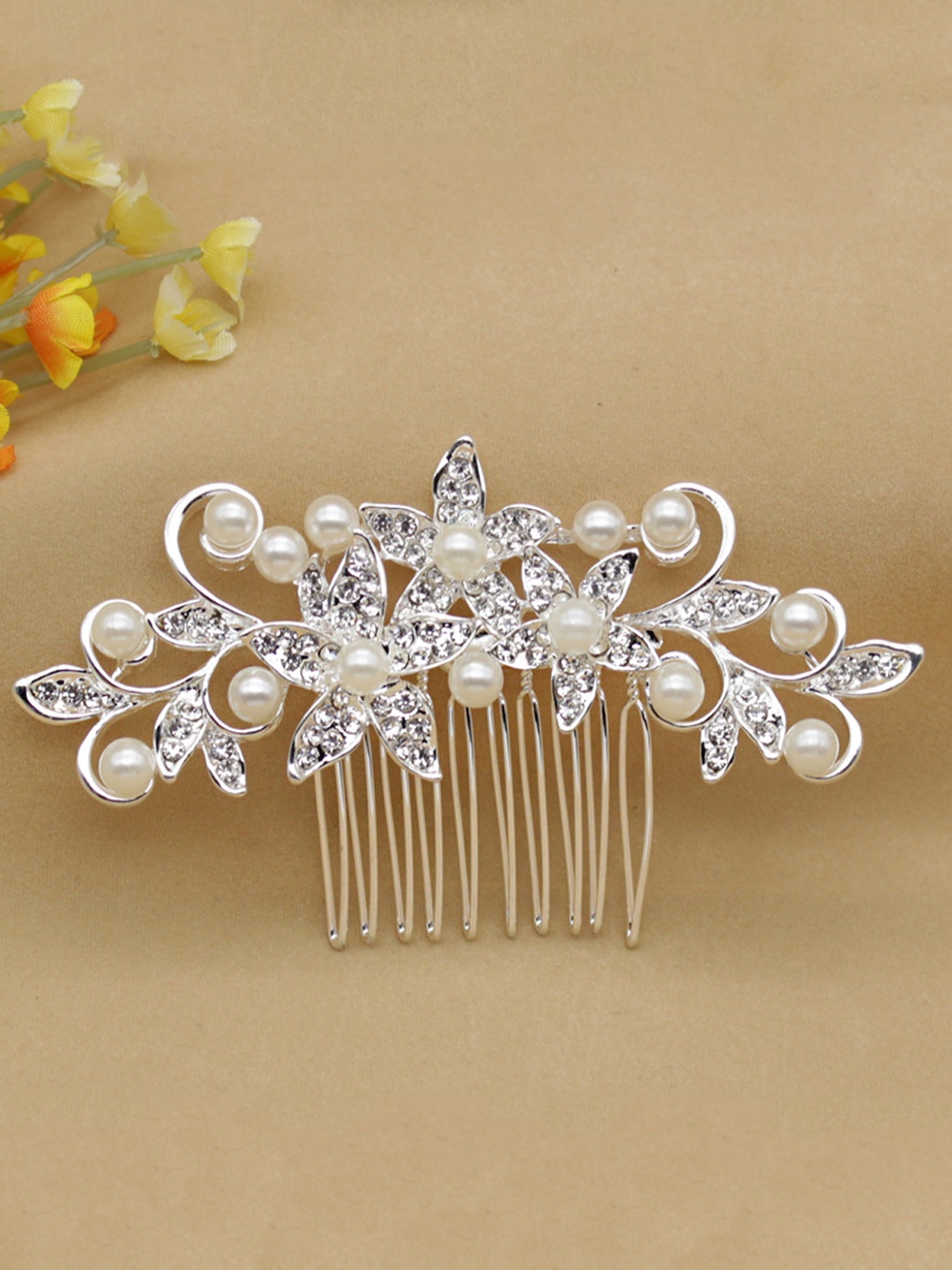 

Yellow Chimes Women White & Silver-Toned Embellished Comb Pin