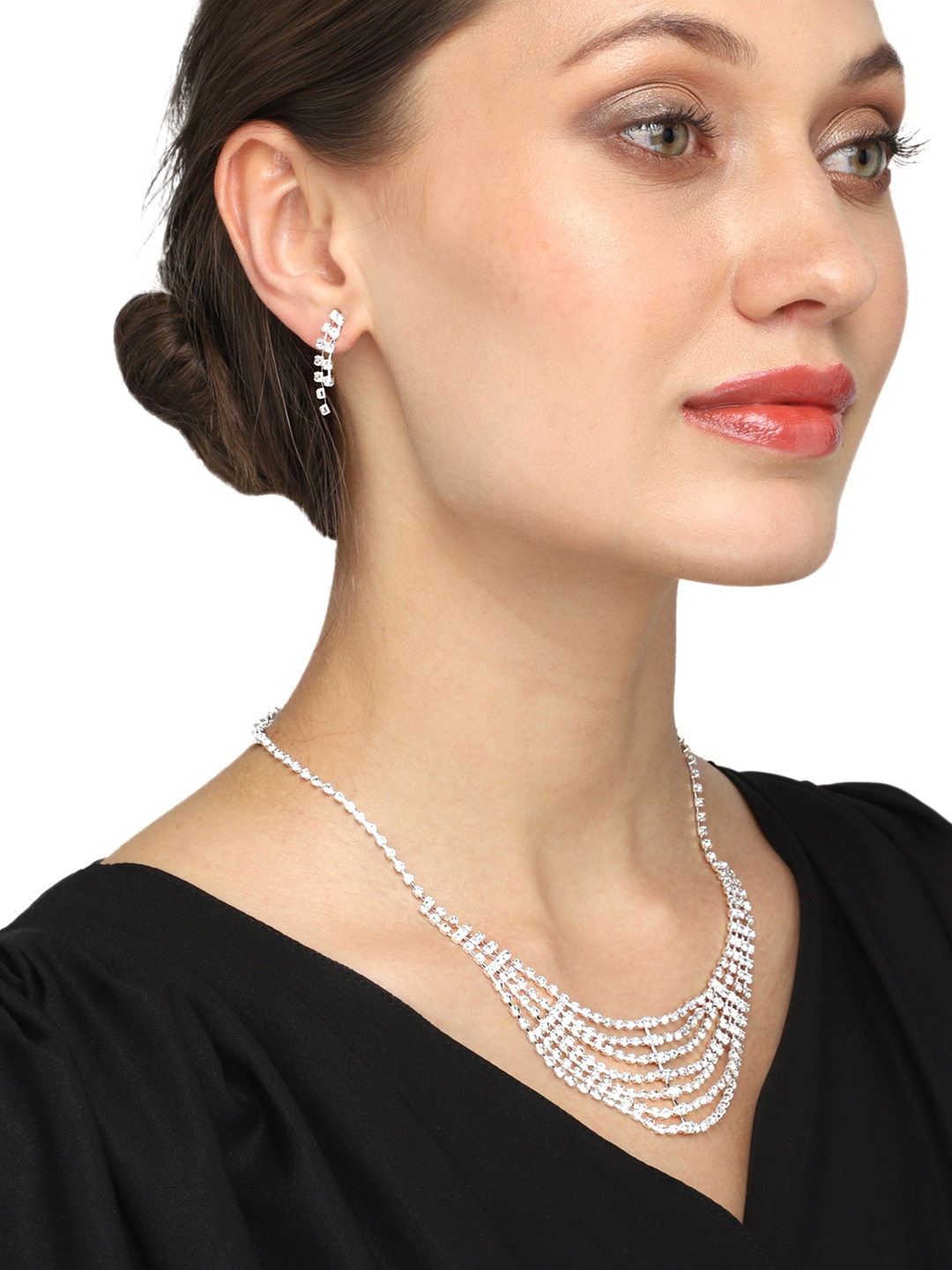 

Yellow Chimes Silver-Plated & White AD & Crystal Studded Jewellery Set