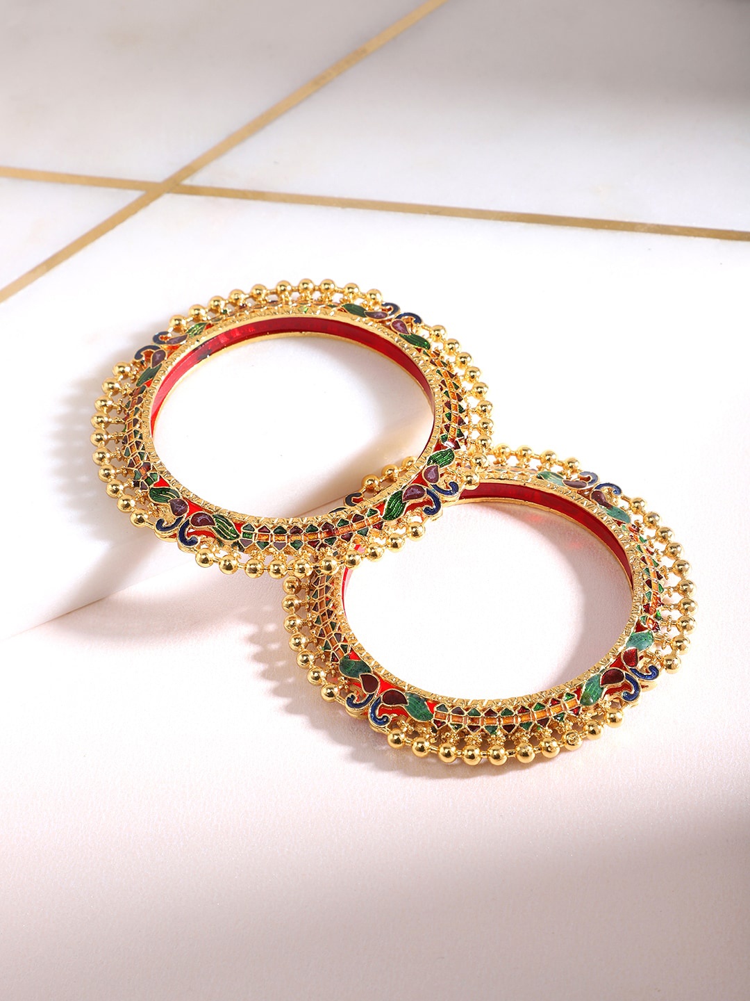 

Yellow Chimes Set Of 2 Gold-Plated Meenakari Beaded Traditional Bangles