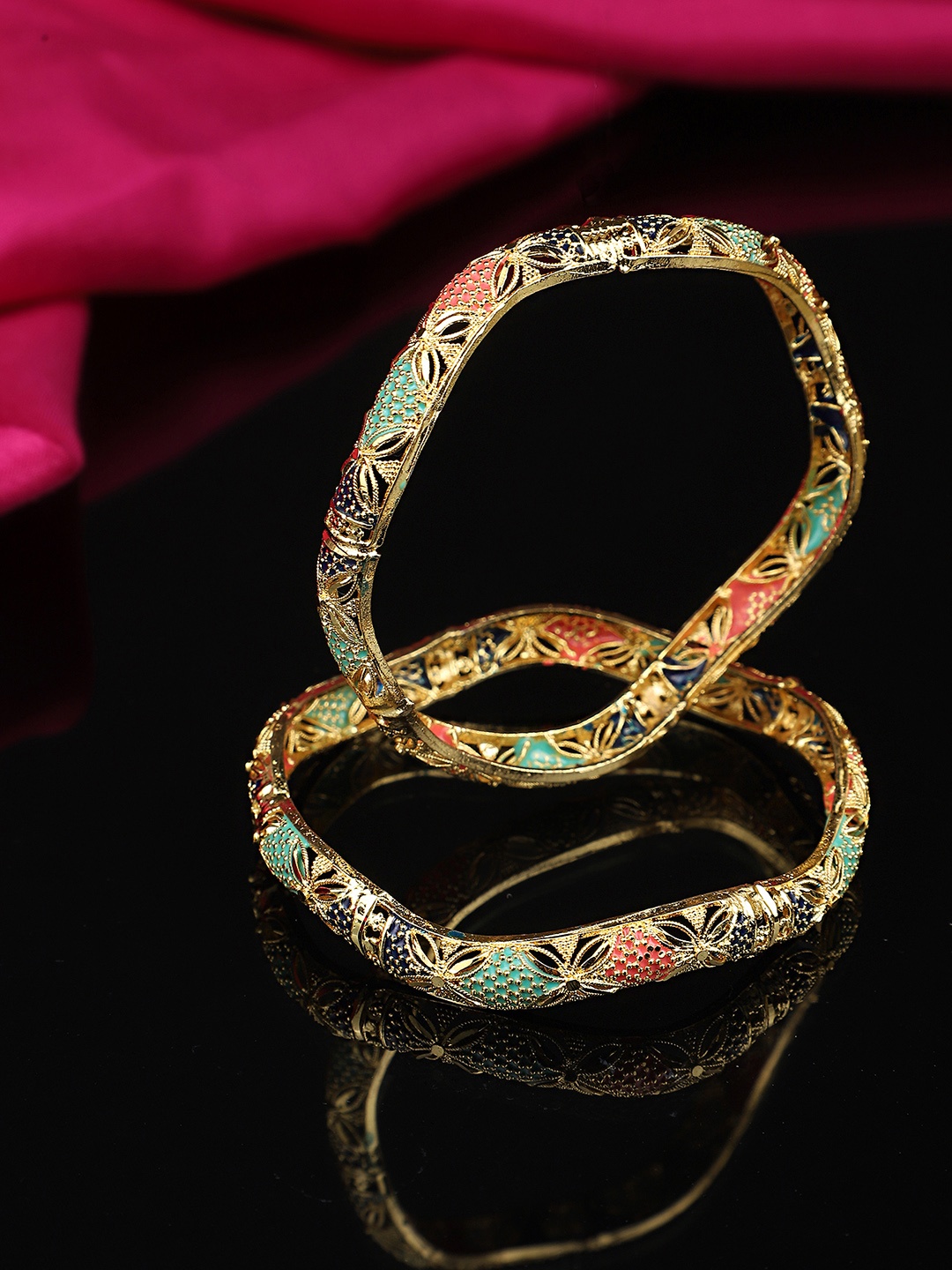 

Yellow Chimes Women Set of 2 Gold-Plated Meenakari Bangle, Pink