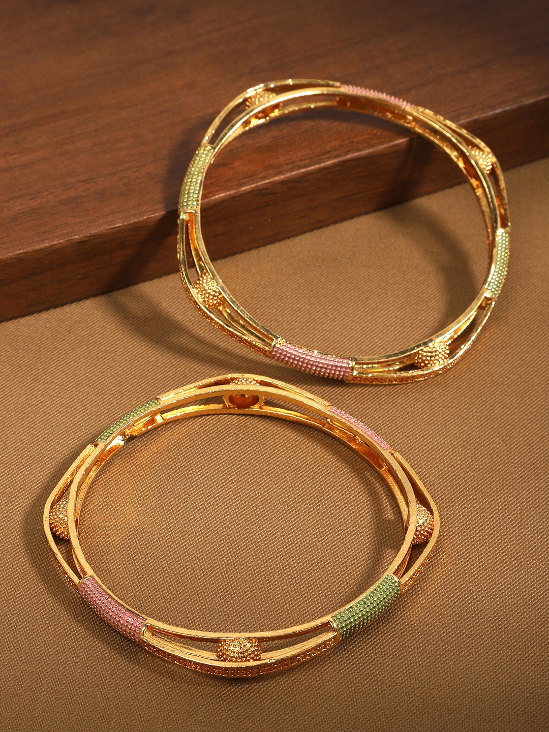 

Yellow Chimes Set Of 2 Gold-Plated & Green Meenakari Bangle