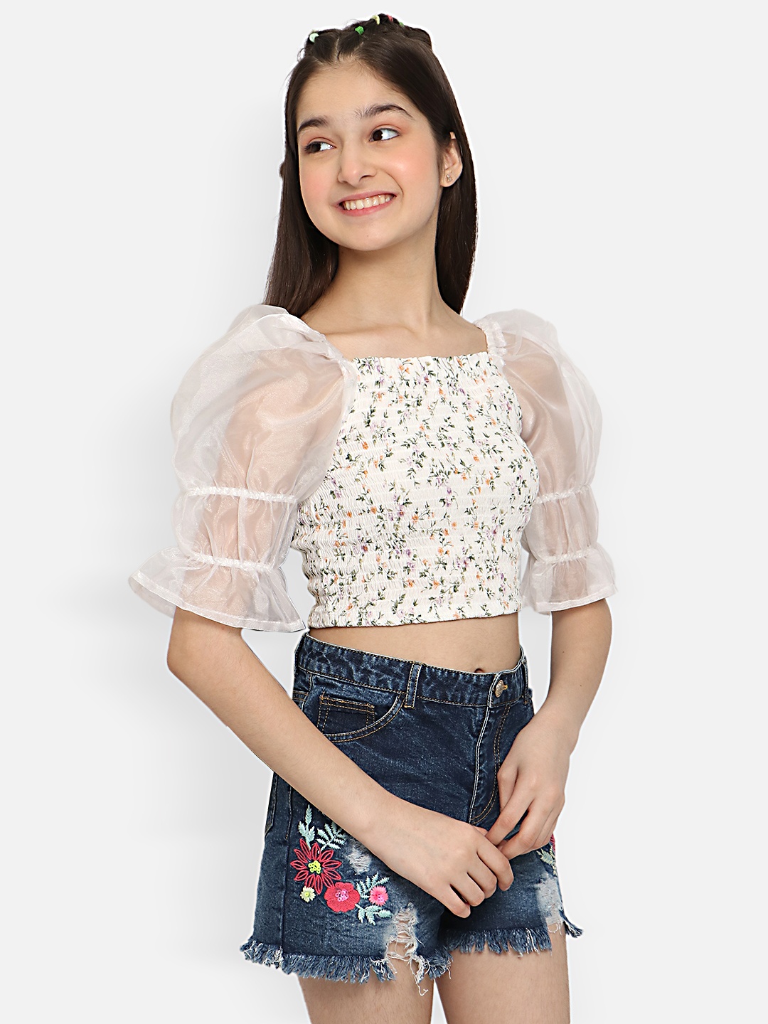 

Natilene White Floral Print Crepe Blouson Crop Top