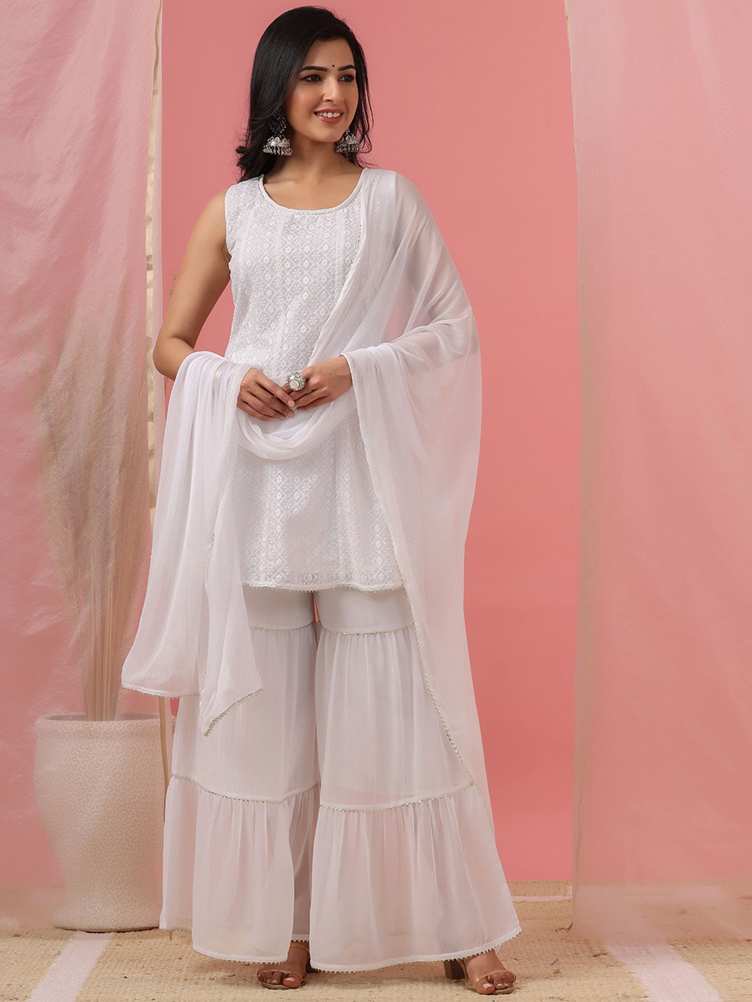 

Juniper Women White Embroidered Panelled Thread Work Kurti with Sharara & With Dupatta