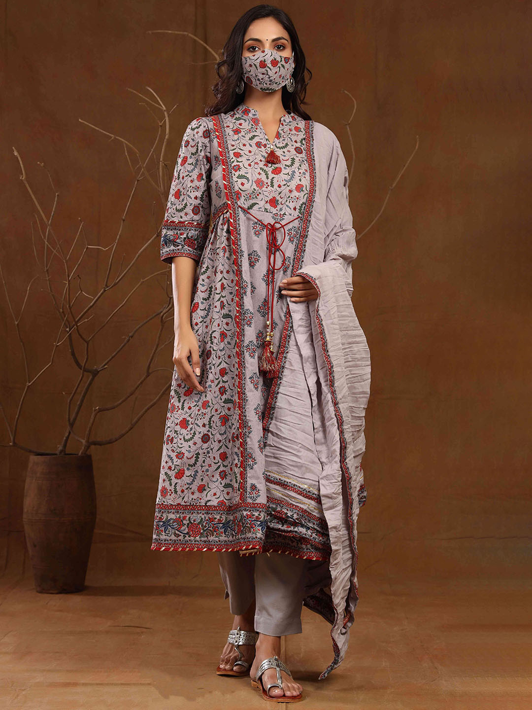 

Juniper Women Grey Printed Layered Kurta with Trousers & With Dupatta