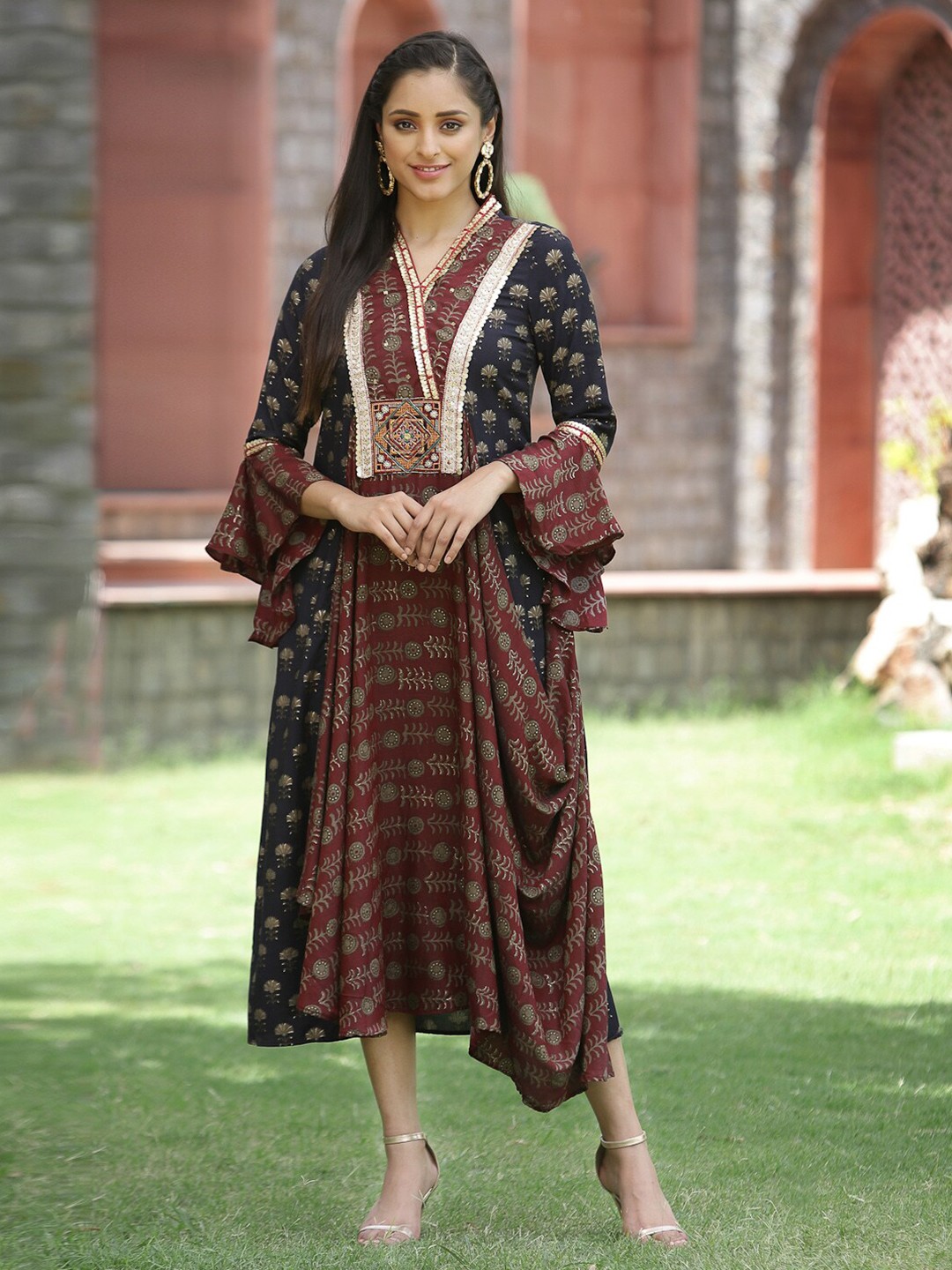 

Juniper Women Brown Printed Silk Flared Midi Dress