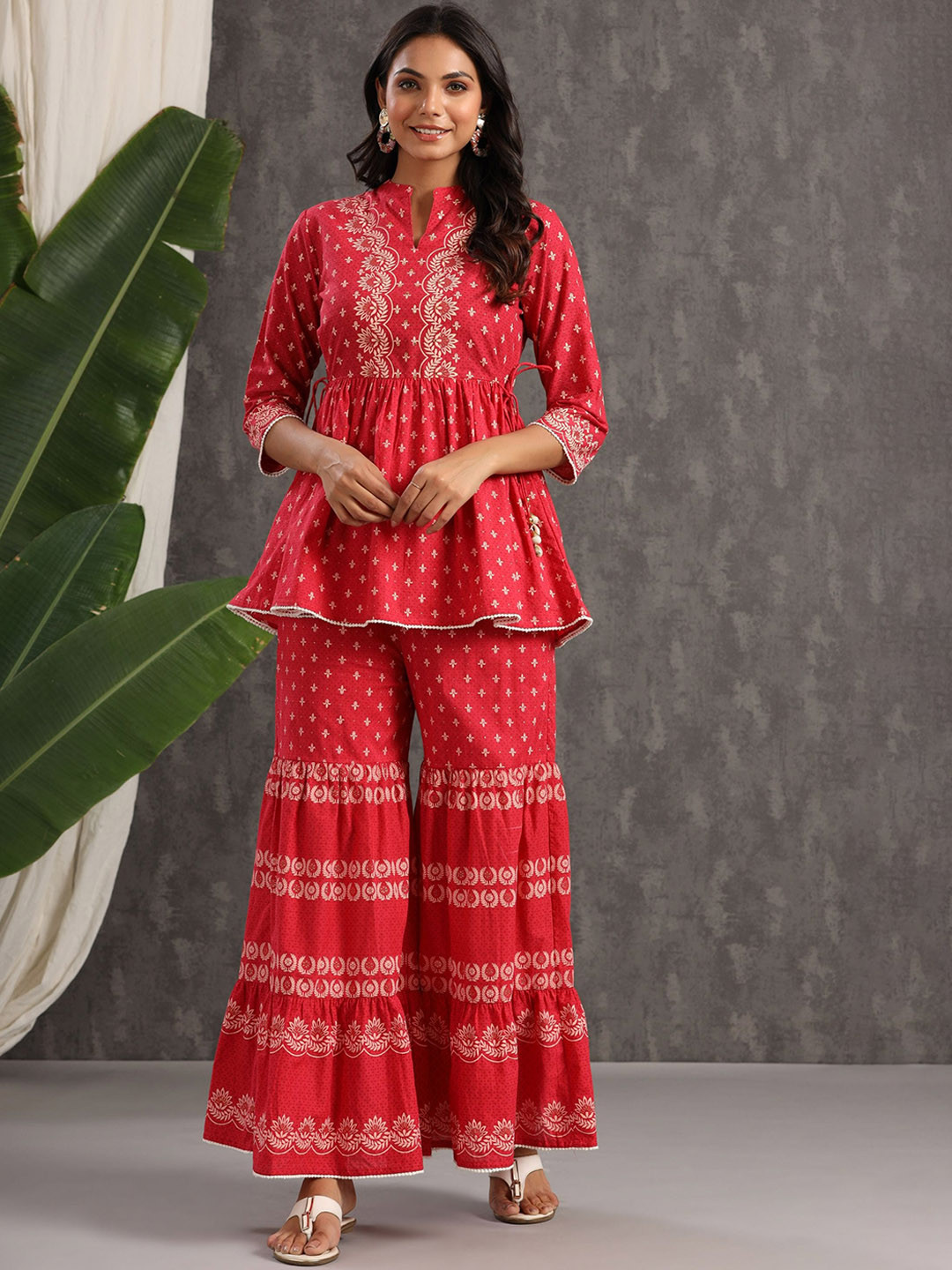 

Juniper Women Red Floral Printed Empire Kurti with Sharara