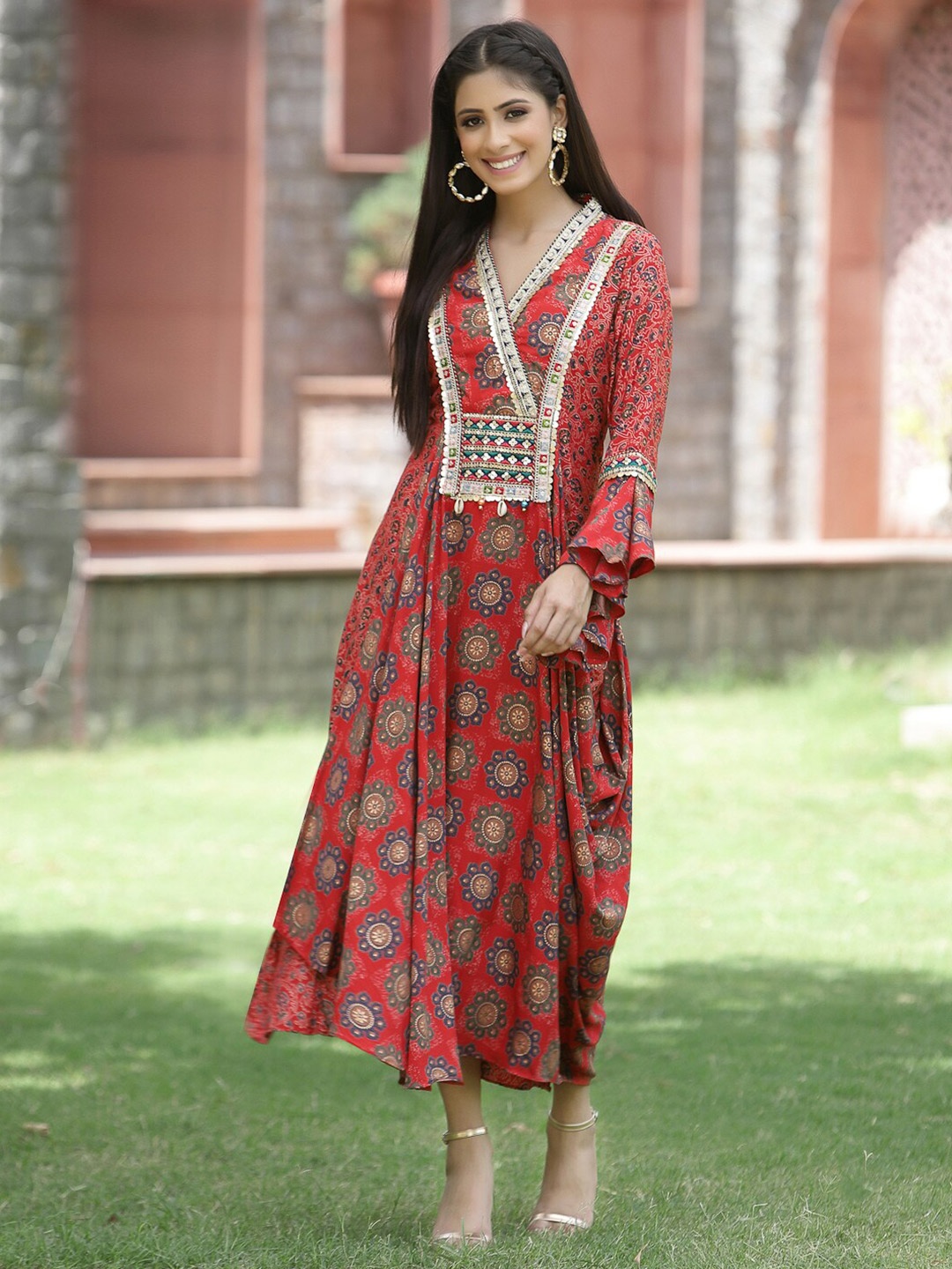 

Juniper Red women Ethnic Motifs printed Flared Maxi Dress