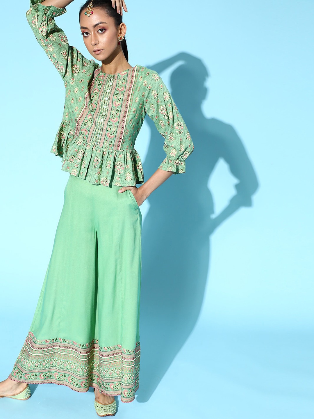 

Juniper Women Green & Pink Printed Top with Palazzos