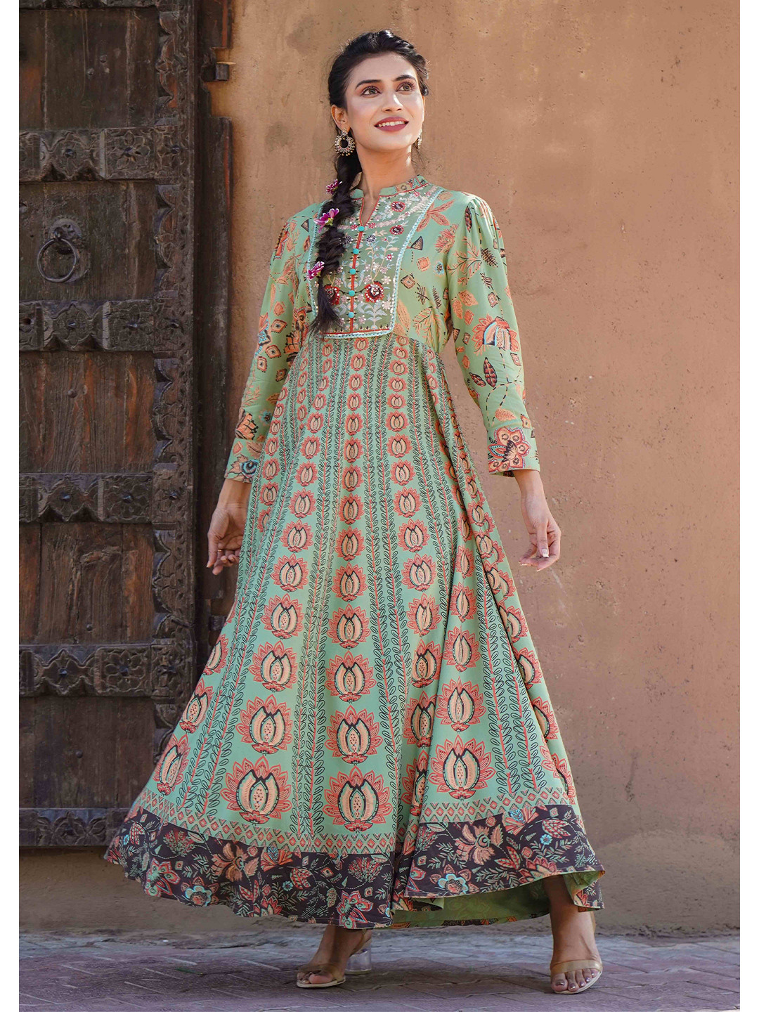 

Juniper Green & Orange Ethnic Motifs Ethnic Maxi Dress