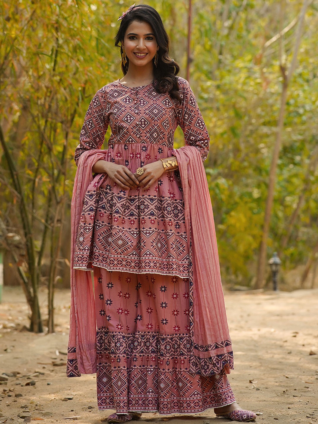 

Juniper Women Peach-Coloured Printed Tunic & Palazzo