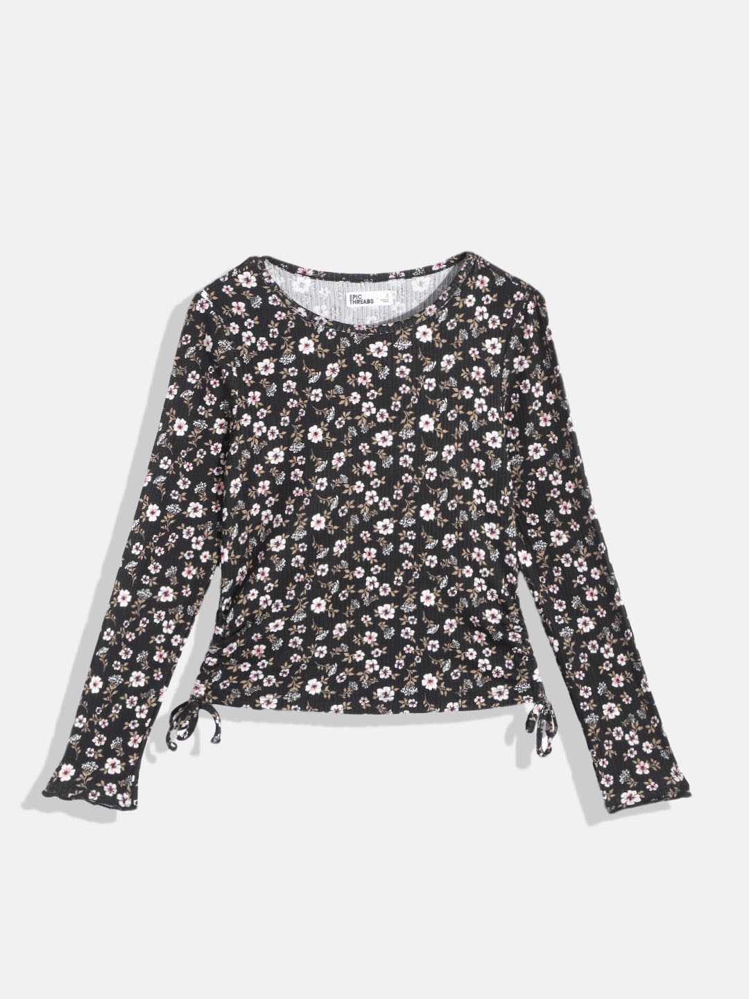 

Macy's Epic Threads Girls Black & White Floral Print Ruched Top with Tie-Ups