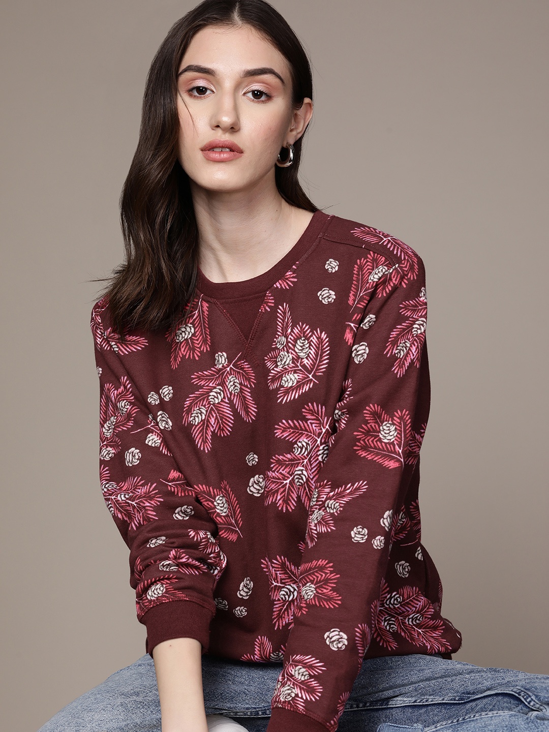

Macy's Karen Scott Women Maroon & Pink Floral Printed Sweatshirt