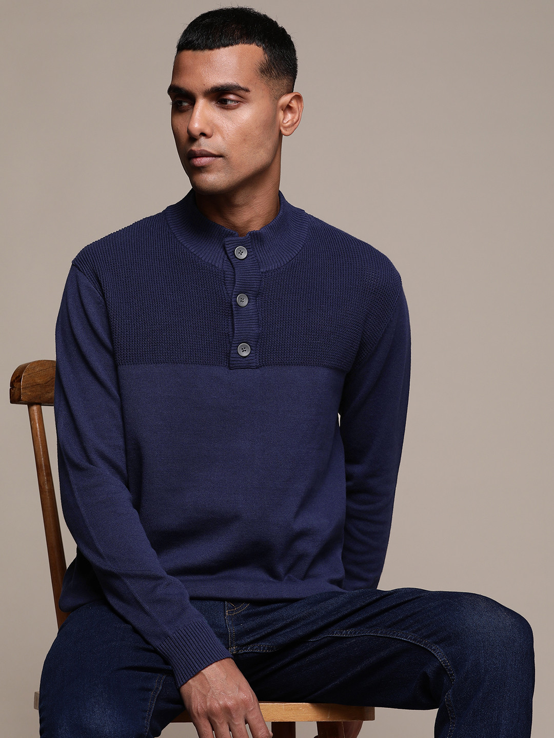 

Macy's Club Room Men Navy Blue Textured Pure Cotton Pullover