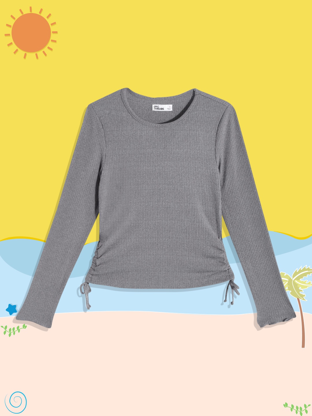 

Macy's Epic Threads Girls Grey Self Striped Top with Tie-Ups & Ruched Detail