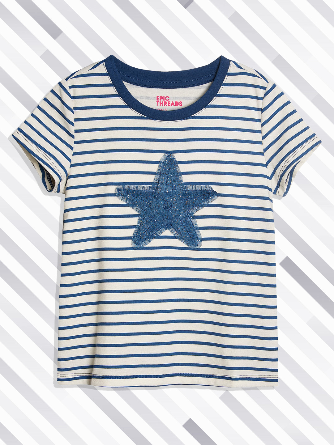 

Macy's Epic Threads Girls White & Navy Blue Striped Applique Detail T-shirt