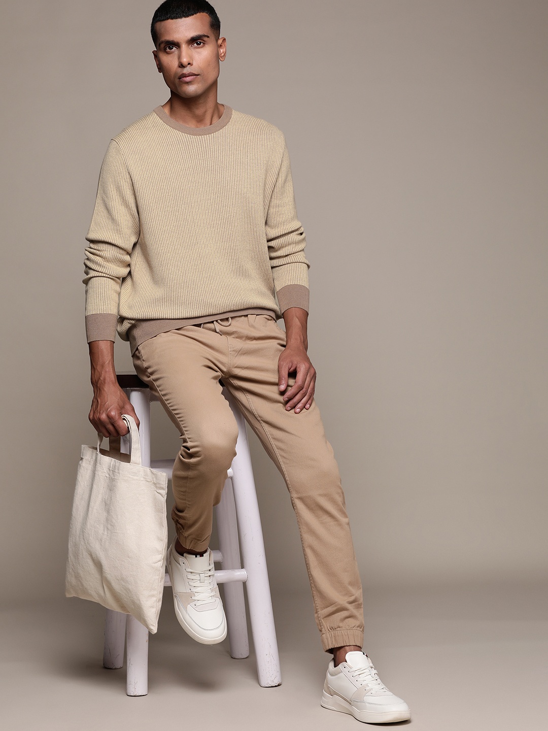 

Macy's Club Room Men Beige & Brown Self-Striped Pure Cotton Pullover