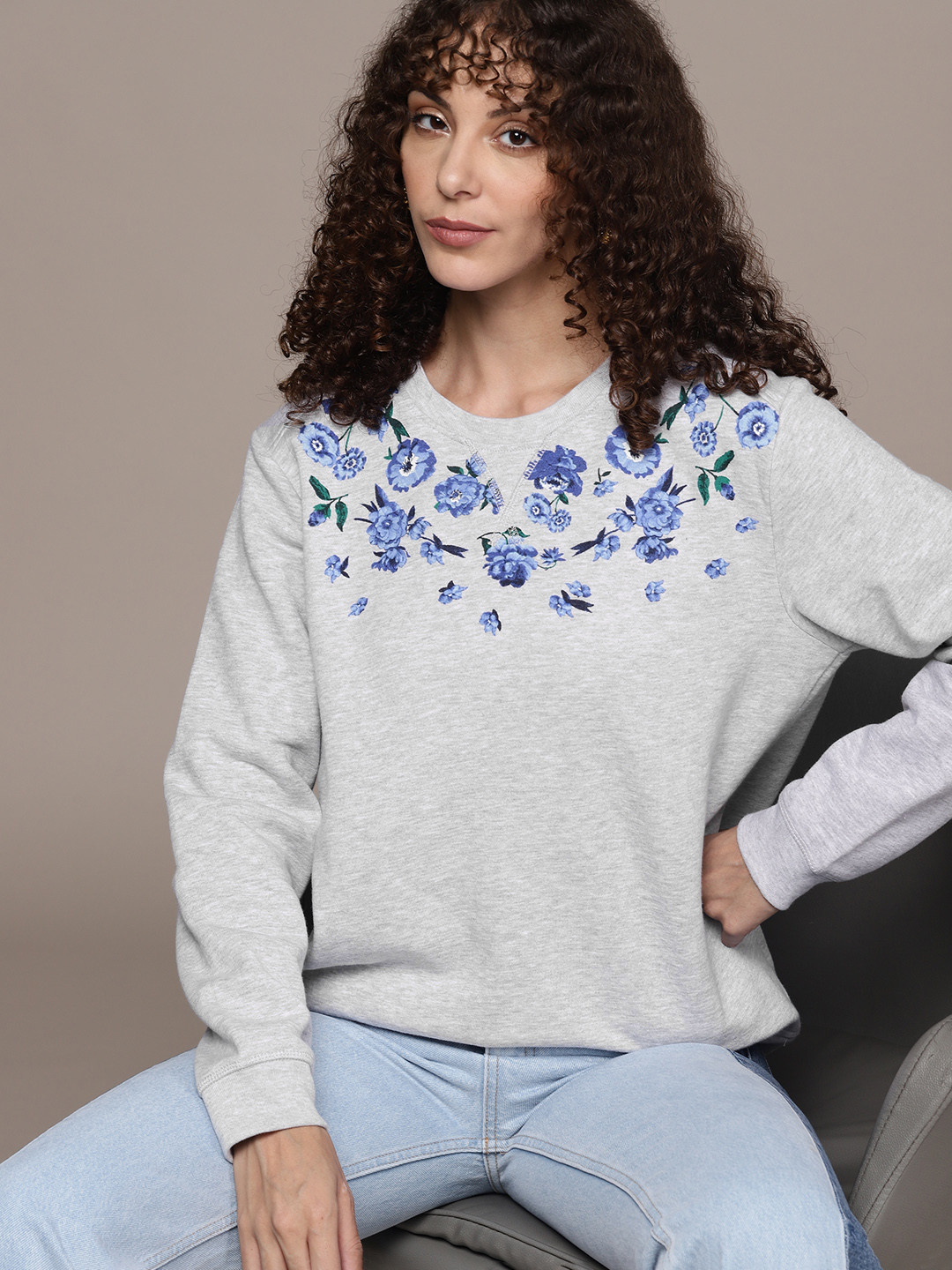 

Macy's Karen Scott Women Grey Melange Printed Sweatshirt