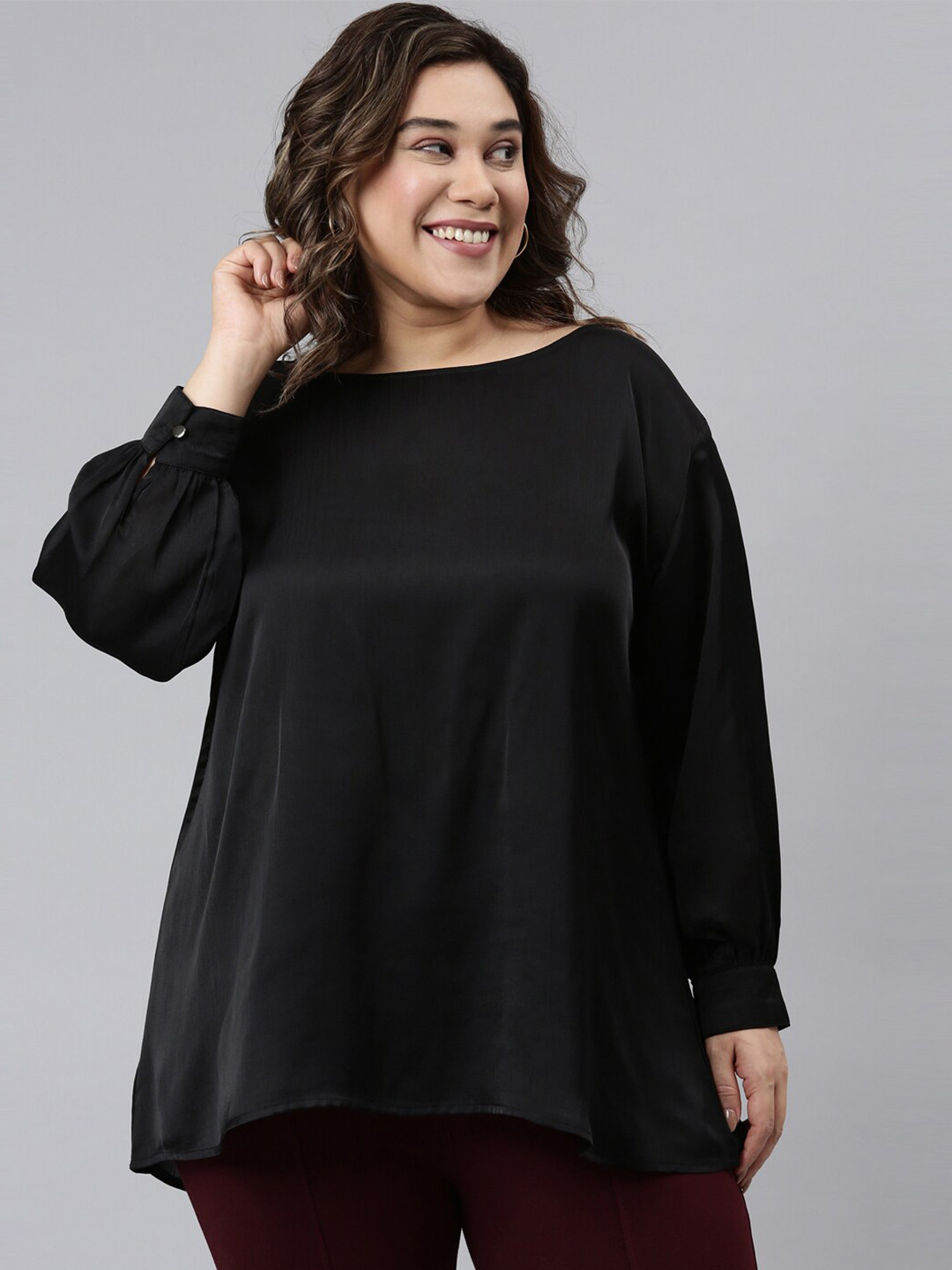 

The Pink Moon Women Black Plus size flared Satin Top