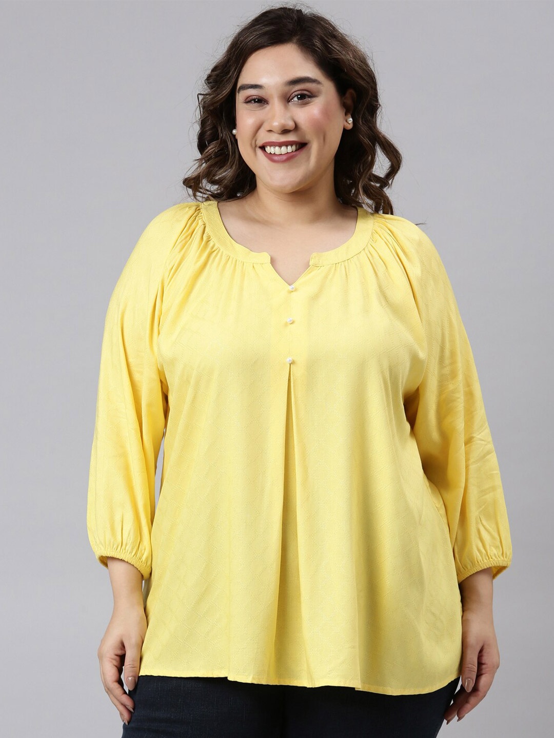 

The Pink Moon Women Plus Size Yellow Solid Pure Cotton Regular Top