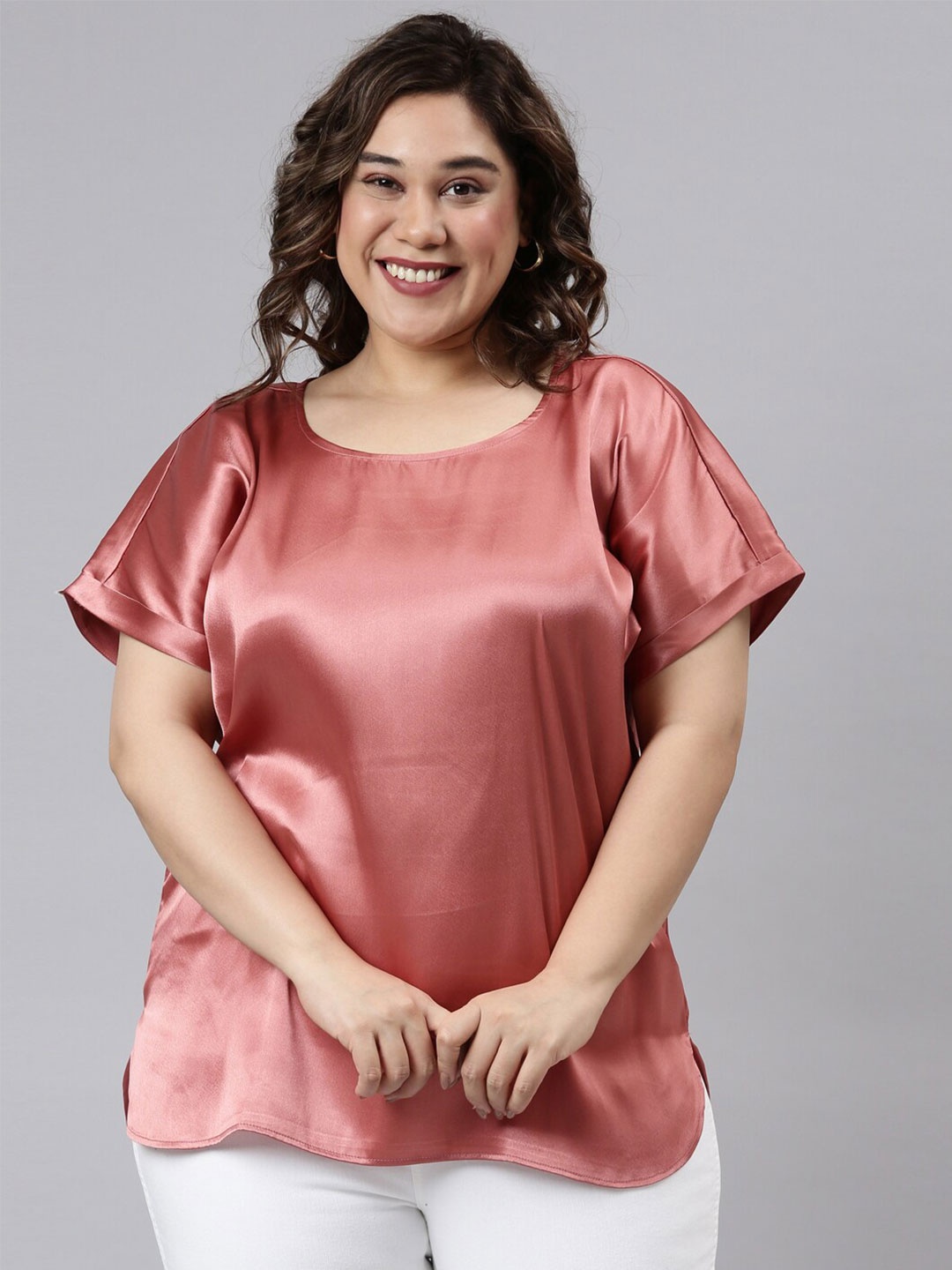 

The Pink Moon Plus Size Copper-Toned Solid Satin Regular Top