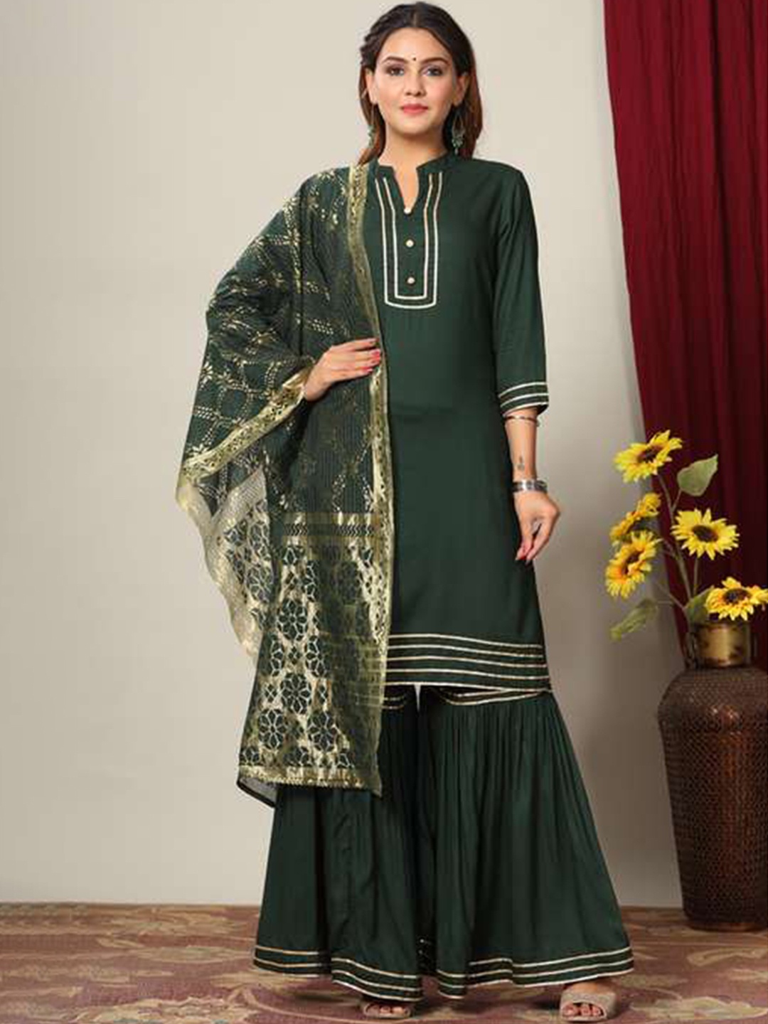 

MIRAVAN Women Green Ethnic Motifs Striped Gotta Patti Kurti with Sharara & With Dupatta