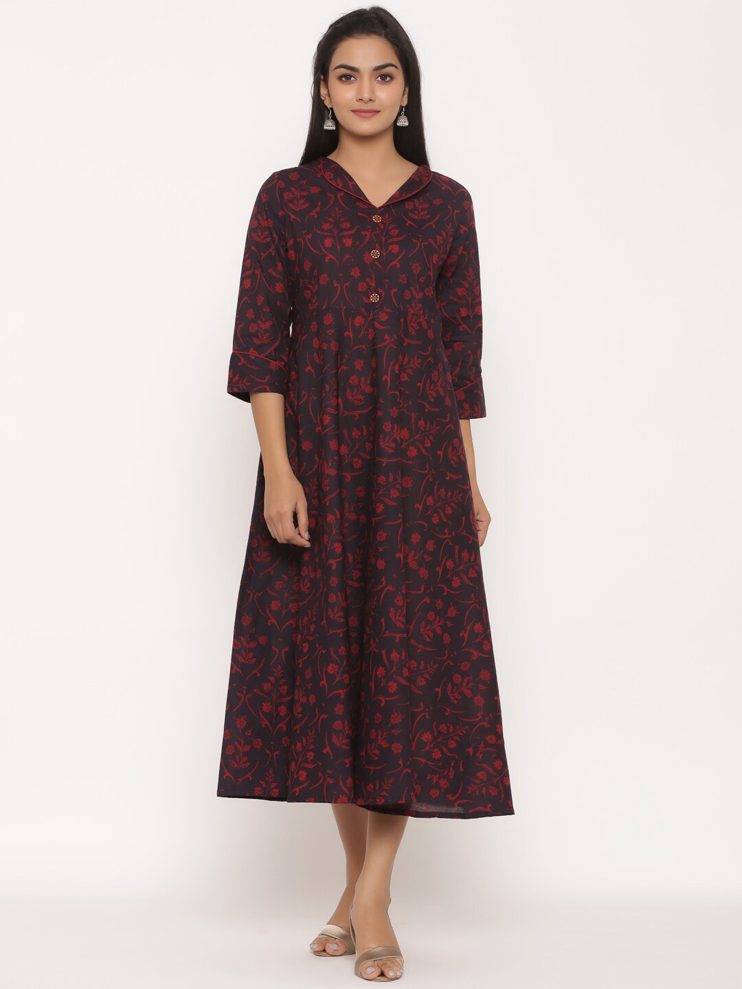 

MIRAVAN Maroon Floral Peter Pan Collar A-Line Midi Dress