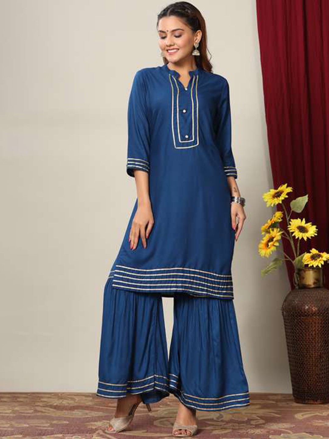 

MIRAVAN Women Blue Yoke Design Gotta Patti Kurta with Sharara