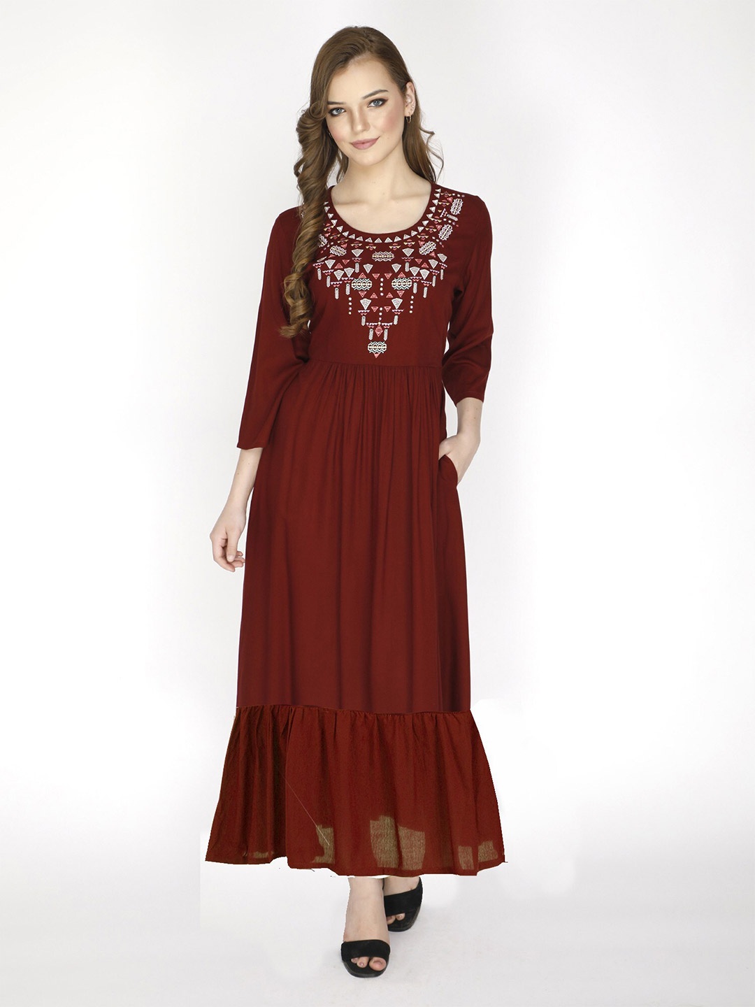 

shashvi Women Maroon Ethnic Motifs Yoke Design Anarkali Kurta