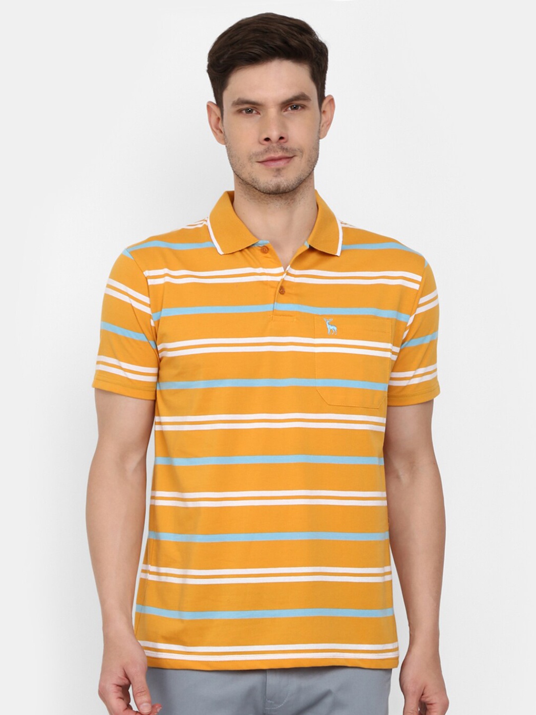 

V-Mart Men Mustard Yellow Striped Poly cotton Polo Collar T-shirt