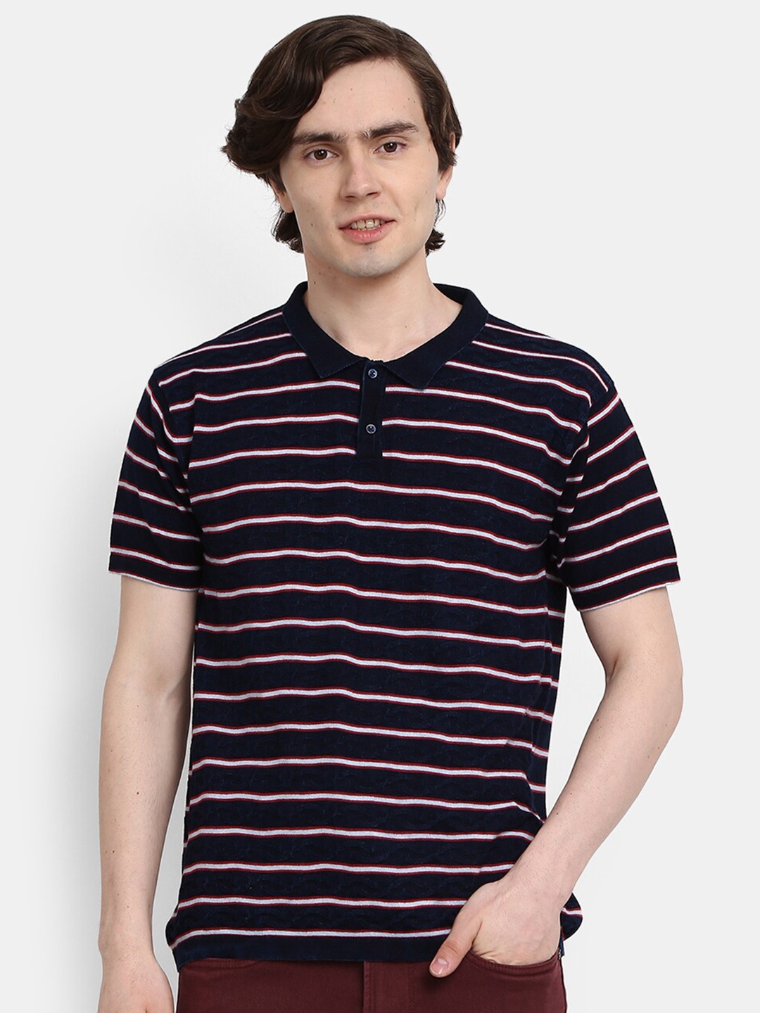 

V-Mart Men Blue Striped Polo Neck Slim Fit T-shirt