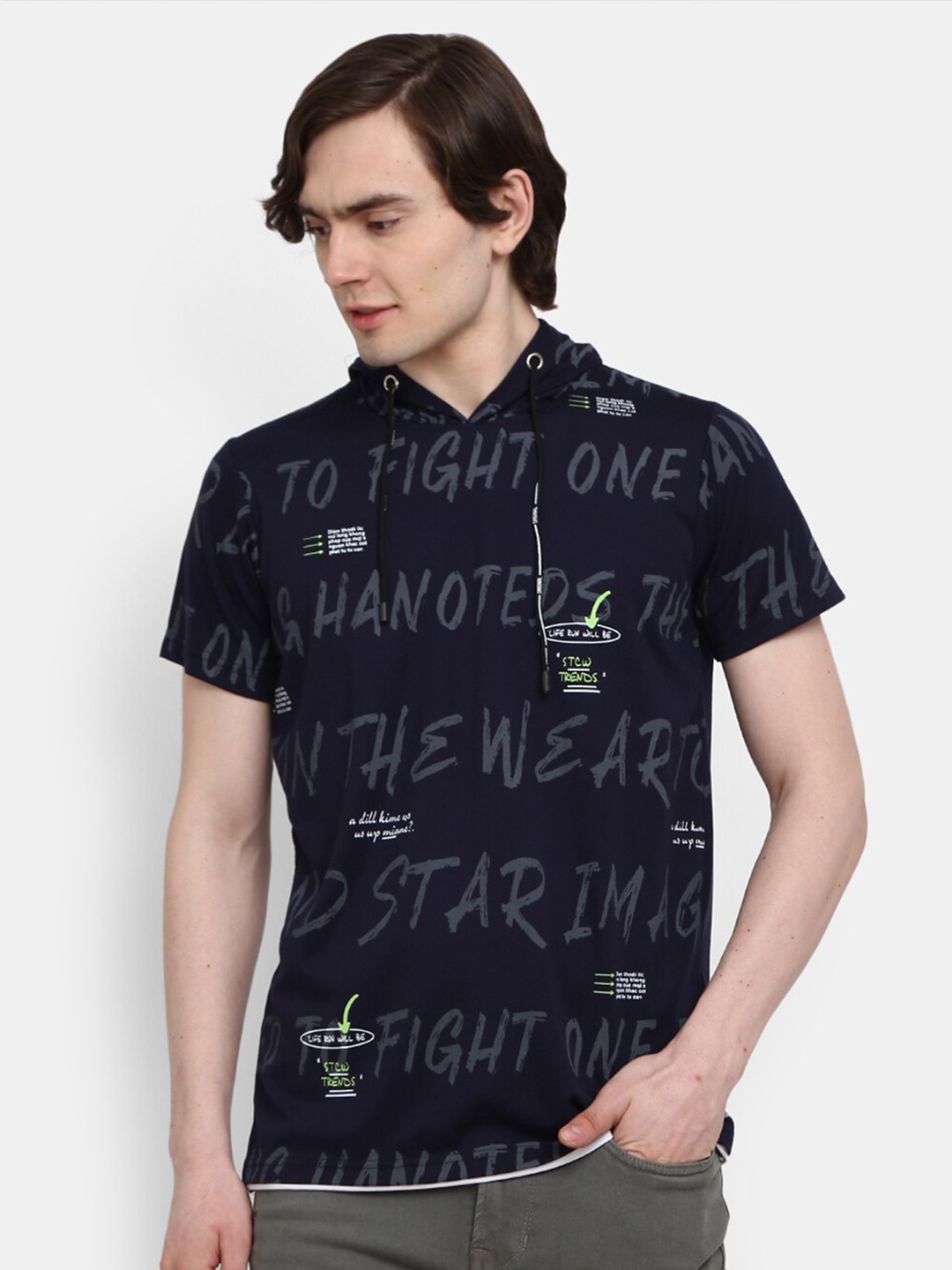 

V-Mart Men Navy Blue Typography Printed Hooded Slim Fit T-shirt