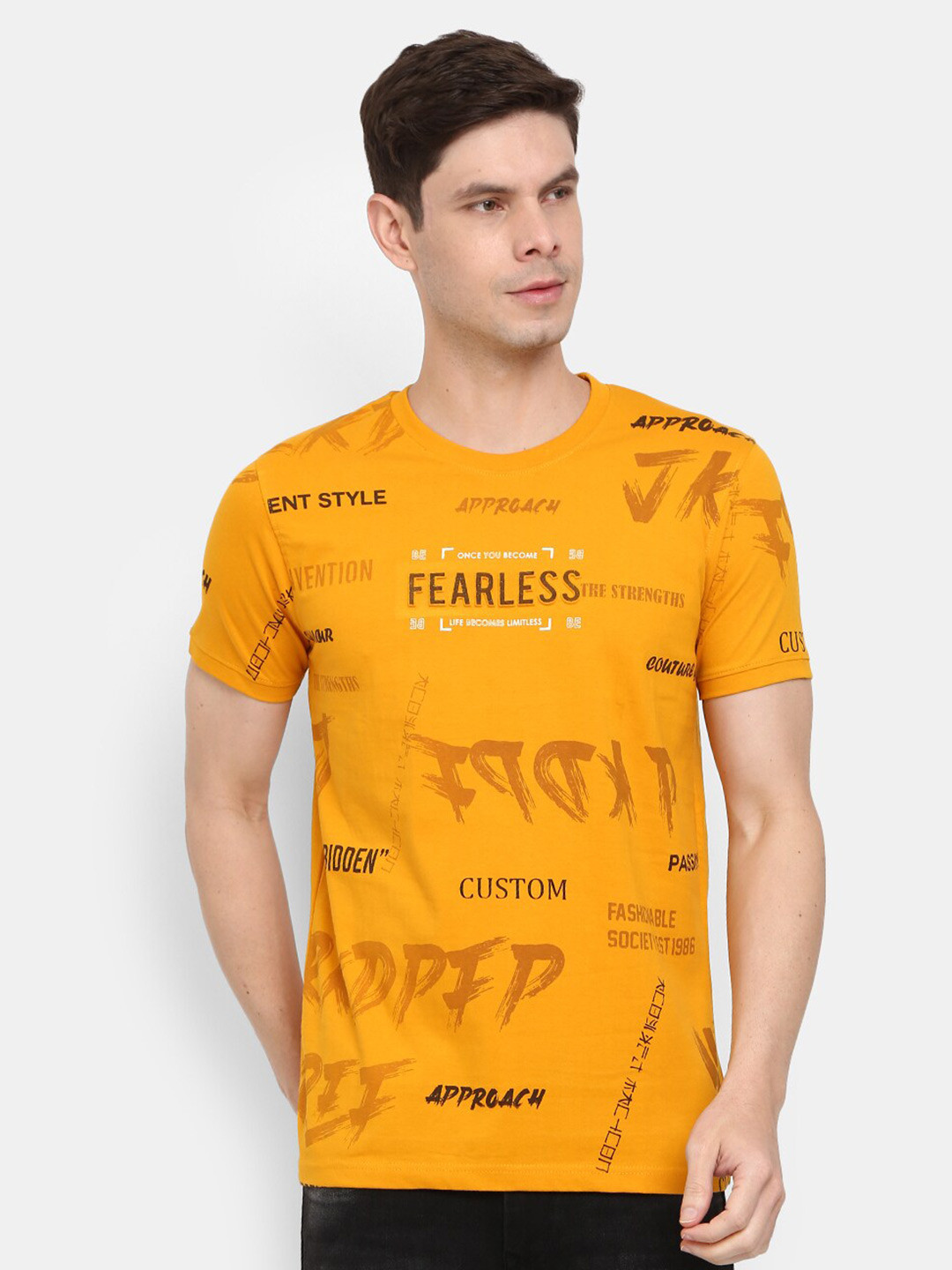 

V-Mart Men Mustard Yellow Typography Printed Slim Fit Cotton T-shirt