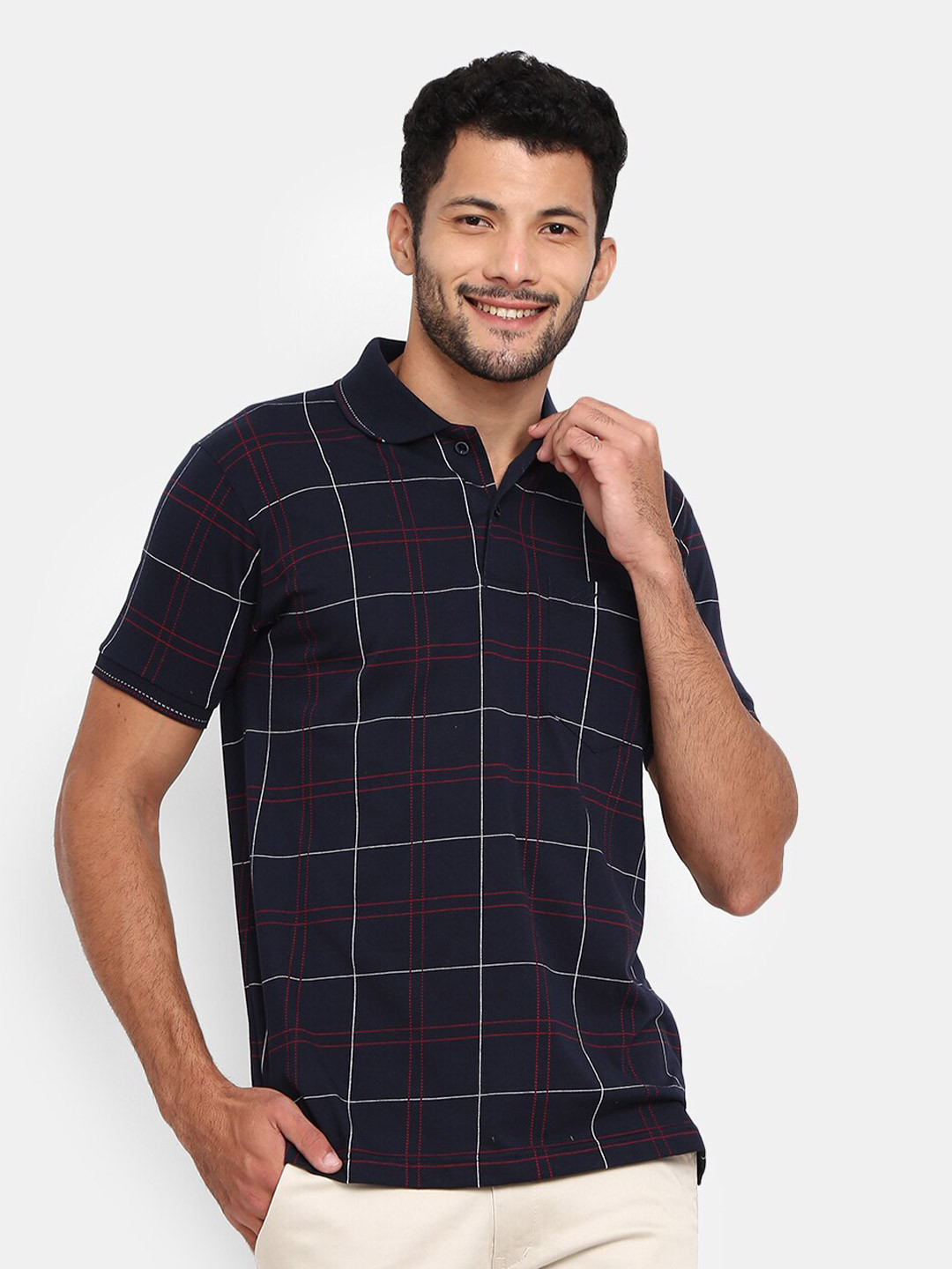 

V-Mart Men Navy Blue Checked Polo Collar T-shirt